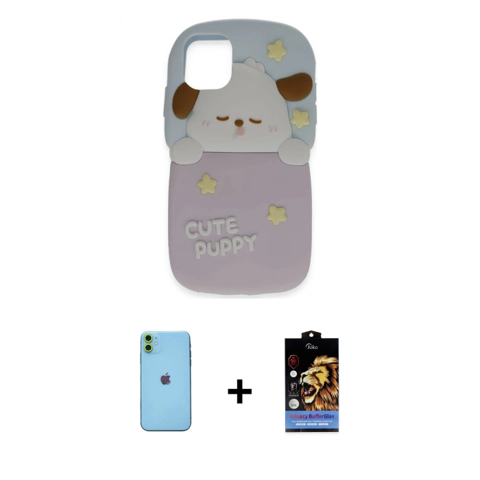 MARSİLYAN™- iPhone 11 Kılıf Akış Yansıma - Siyah Buffer Hayalet Cam Ekran Koruyucu + Neon Fosforlu Kamera Lens - YL