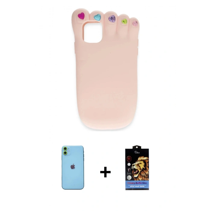 MARSİLYAN™- iPhone 11 Kılıf Akış Yansıma - Siyah Buffer Hayalet Cam Ekran Koruyucu + Neon Fosforlu Kamera Lens - YL
