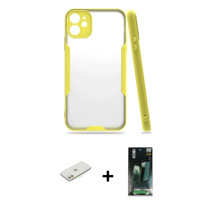 MARSİLYAN™- iPhone 11 Kılıf Atlas Asil Serisi - Şeffaf 360 Full Body Arka Koruyucu + Renkli Kamera Lens Koruma Cam - TU