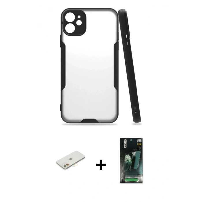 MARSİLYAN™- iPhone 11 Kılıf Atlas Asil Serisi - Şeffaf 360 Full Body Arka Koruyucu + Renkli Kamera Lens Koruma Cam - TU