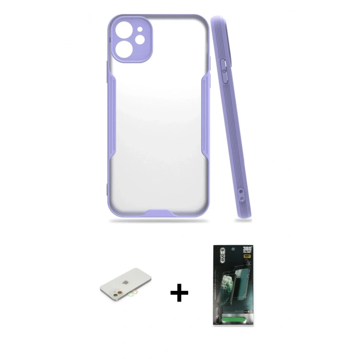 MARSİLYAN™- iPhone 11 Kılıf Atlas Asil Serisi - Şeffaf 360 Full Body Arka Koruyucu + Renkli Kamera Lens Koruma Cam - TU