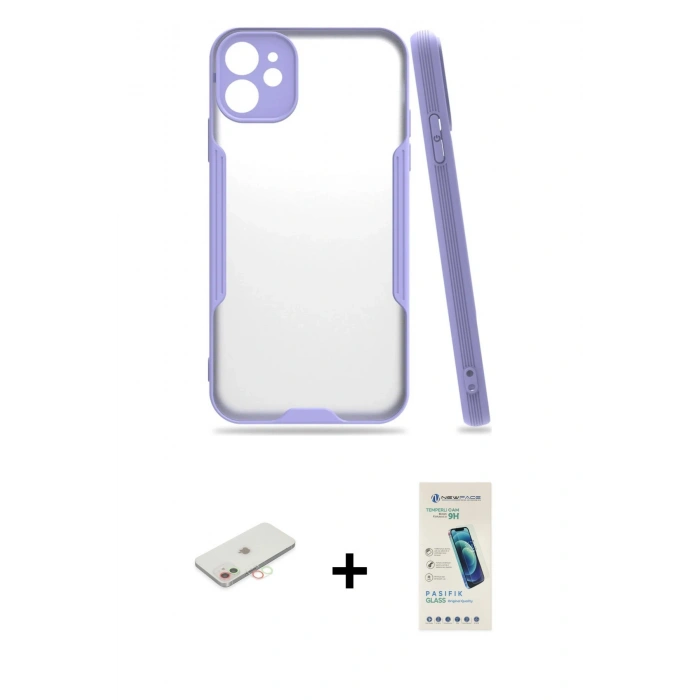 MARSİLYAN™- iPhone 11 Kılıf Atlas Asil Serisi - Şeffaf Pasifik Cam Ekran Koruyucu + Renkli Kamera Lens Koruma Cam - YL