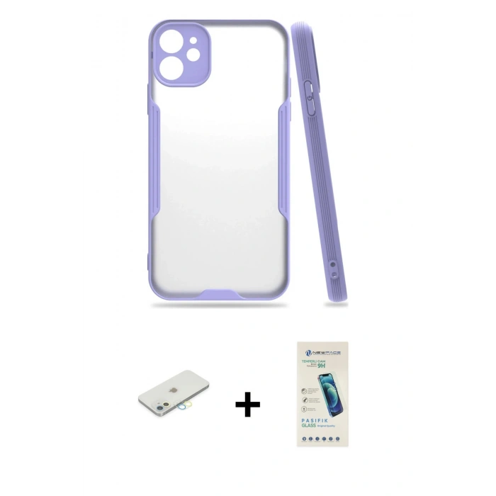MARSİLYAN™- iPhone 11 Kılıf Atlas Asil Serisi - Şeffaf Pasifik Cam Ekran Koruyucu + Renkli Kamera Lens Koruma Cam - SI
