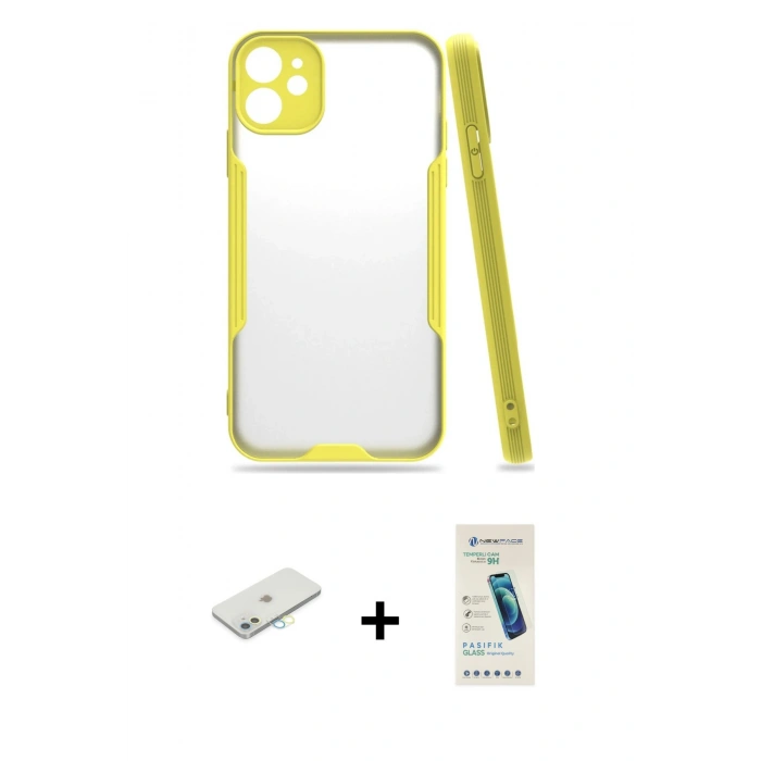 MARSİLYAN™- iPhone 11 Kılıf Atlas Asil Serisi - Şeffaf Pasifik Cam Ekran Koruyucu + Renkli Kamera Lens Koruma Cam - SI