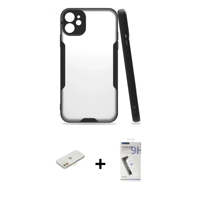 MARSİLYAN™- iPhone 11 Kılıf Atlas Asil Serisi - Şeffaf Uv Polymer Nano Ekran Koruyucu + Renkli Kamera Lens Koruma Cam - TU