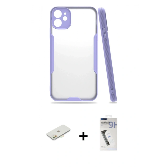 MARSİLYAN™- iPhone 11 Kılıf Atlas Asil Serisi - Şeffaf Uv Polymer Nano Ekran Koruyucu + Renkli Kamera Lens Koruma Cam - TU