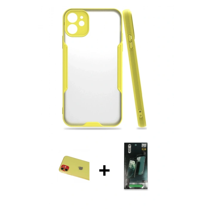 MARSİLYAN™- iPhone 11 Kılıf Atlas Asil Serisi - Siyah 360 Mat Full Body Arka Koruyucu + Rainbow Kamera Lens Koruma Cam - KI