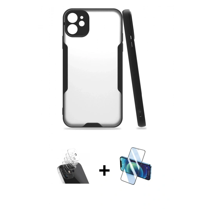MARSİLYAN™- iPhone 11 Kılıf Atlas Asil Serisi - Siyah 3D Antistatik Cam Ekran Koruyucu + Kamera Lens Koruma Cam - SF