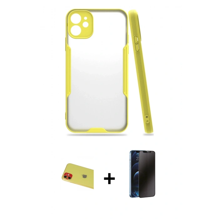 MARSİLYAN™- iPhone 11 Kılıf Atlas Asil Serisi - Siyah 3D Antistatik Hayalet Cam Ekran Koruyucu + Rainbow Kamera Lens Koruma Cam - KI