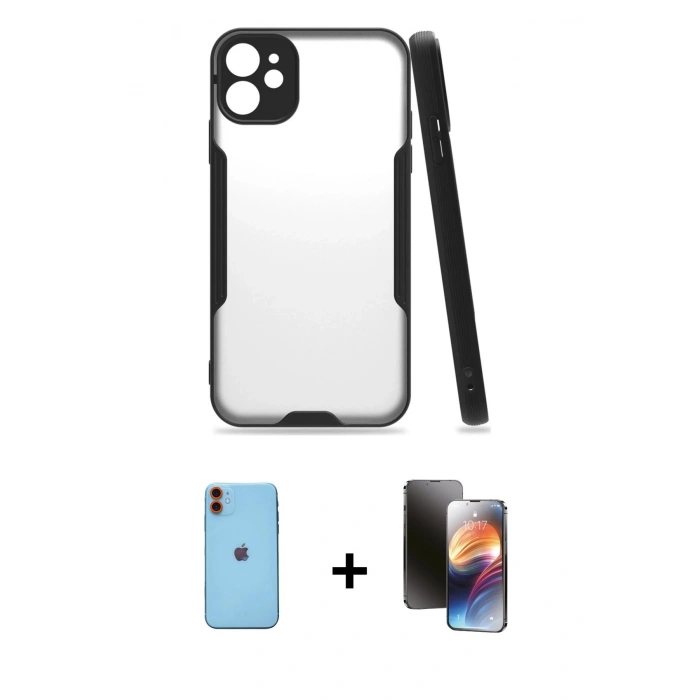 MARSİLYAN™- iPhone 11 Kılıf Atlas Asil Serisi - Siyah 3D Antistatik Mat Seramik Nano Ekran Koruyucu + Neon Fosforlu Kamera Lens - TU