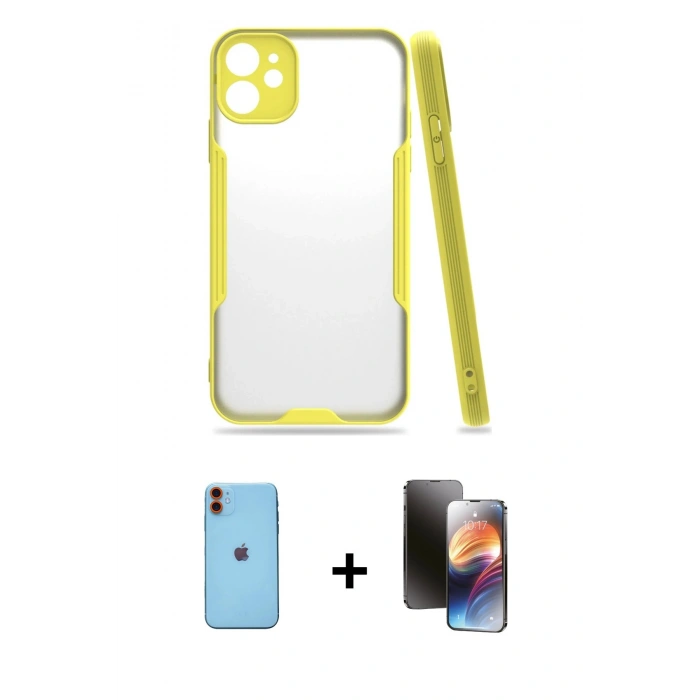 MARSİLYAN™- iPhone 11 Kılıf Atlas Asil Serisi - Siyah 3D Antistatik Mat Seramik Nano Ekran Koruyucu + Neon Fosforlu Kamera Lens - TU
