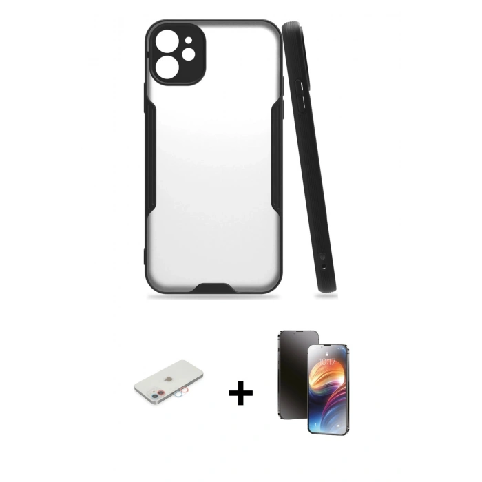 MARSİLYAN™- iPhone 11 Kılıf Atlas Asil Serisi - Siyah 3D Antistatik Mat Seramik Nano Ekran Koruyucu + Renkli Kamera Lens Koruma Cam - PE