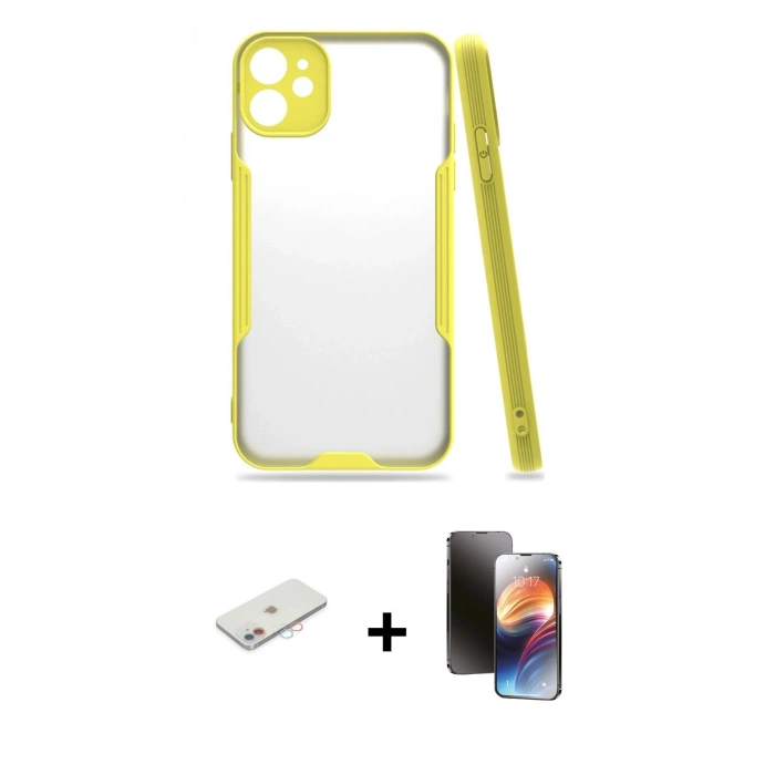 MARSİLYAN™- iPhone 11 Kılıf Atlas Asil Serisi - Siyah 3D Antistatik Mat Seramik Nano Ekran Koruyucu + Renkli Kamera Lens Koruma Cam - PE