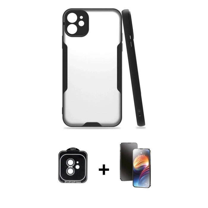 MARSİLYAN™- iPhone 11 Kılıf Atlas Asil Serisi - Siyah 3D Antistatik Mat Seramik Nano Ekran Koruyucu + PVD Metal Kamera Lens - YL
