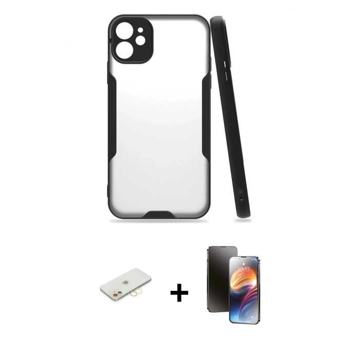 MARSİLYAN™- iPhone 11 Kılıf Atlas Asil Serisi - Siyah 3D Antistatik Mat Seramik Nano Ekran Koruyucu + Renkli Kamera Lens Koruma Cam - SI