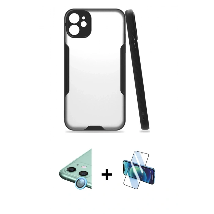 MARSİLYAN™- iPhone 11 Kılıf Atlas Asil Serisi - Siyah 3D Antistatik Seramik Nano Ekran Koruyucu + Raze Metal Kamera Lens - MI