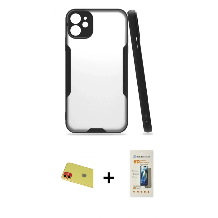MARSİLYAN™- iPhone 11 Kılıf Atlas Asil Serisi - Siyah 6D Mat Seramik Hayalet Nano Ekran Koruyucu + Rainbow Kamera Lens Koruma Cam - KI