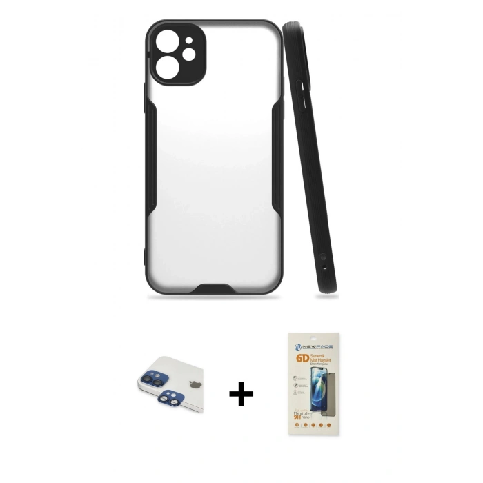 MARSİLYAN™- iPhone 11 Kılıf Atlas Asil Serisi - Siyah 6D Mat Seramik Hayalet Nano Ekran Koruyucu + Pers Alüminyum Kamera Lens - LT