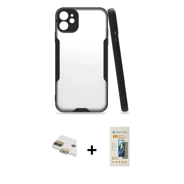 MARSİLYAN™- iPhone 11 Kılıf Atlas Asil Serisi - Siyah 6D Mat Seramik Hayalet Nano Ekran Koruyucu + Pers Alüminyum Kamera Lens - GD