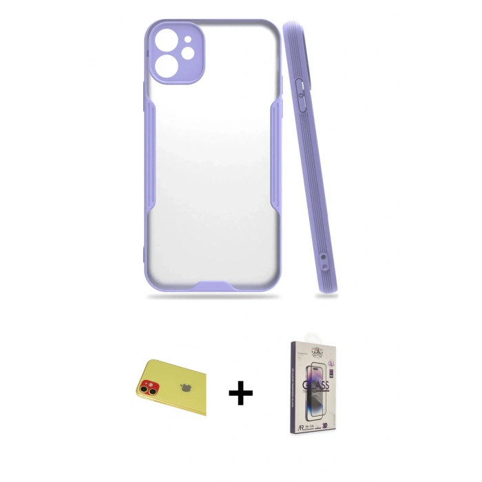 MARSİLYAN™- iPhone 11 Kılıf Atlas Asil Serisi - Siyah Bilvis 3D Cam Ekran Koruyucu + Rainbow Kamera Lens Koruma Cam - KI