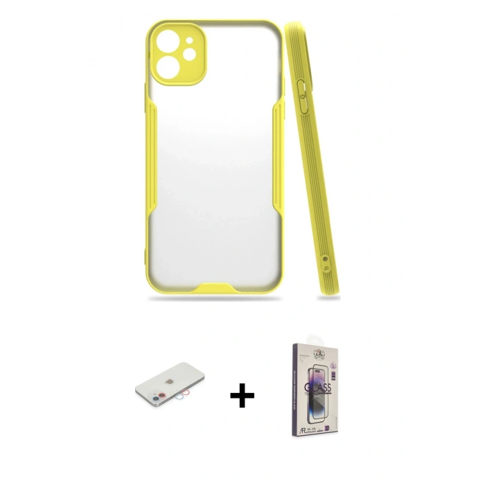 MARSİLYAN™- iPhone 11 Kılıf Atlas Asil Serisi - Siyah Bilvis 3D Cam Ekran Koruyucu + Renkli Kamera Lens Koruma Cam - PE