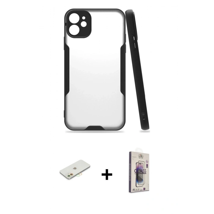 MARSİLYAN™- iPhone 11 Kılıf Atlas Asil Serisi - Siyah Bilvis 3D Cam Ekran Koruyucu + Renkli Kamera Lens Koruma Cam - TU