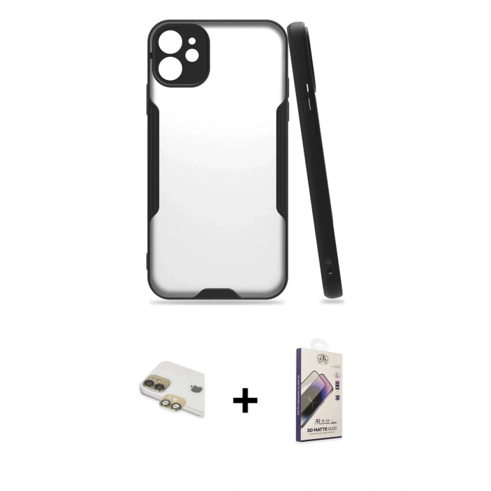 MARSİLYAN™- iPhone 11 Kılıf Atlas Asil Serisi - Siyah Bilvis 3D Mat Cam Ekran Koruyucu + Pers Alüminyum Kamera Lens - GD