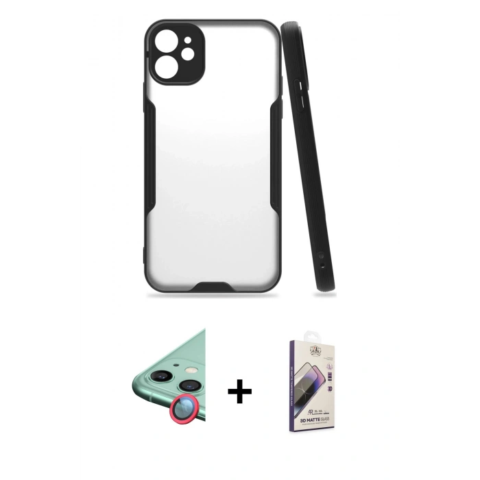 MARSİLYAN™- iPhone 11 Kılıf Atlas Asil Serisi - Siyah Bilvis 3D Mat Cam Ekran Koruyucu + Raze Metal Kamera Lens - KI