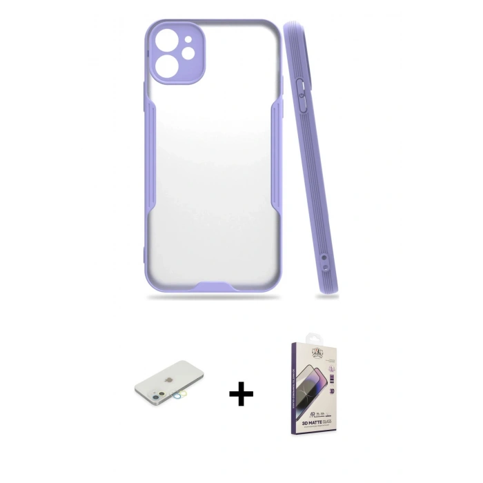 MARSİLYAN™- iPhone 11 Kılıf Atlas Asil Serisi - Siyah Bilvis 3D Mat Cam Ekran Koruyucu + Renkli Kamera Lens Koruma Cam - SI