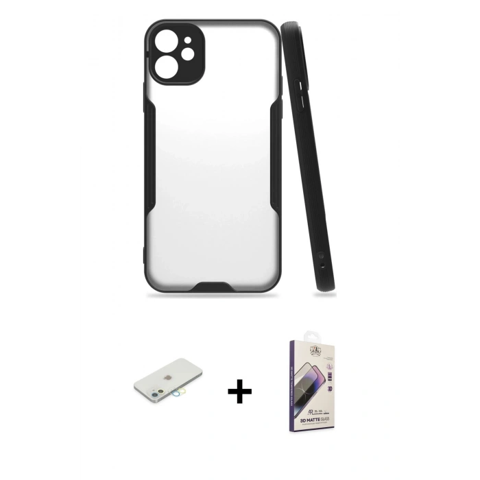 MARSİLYAN™- iPhone 11 Kılıf Atlas Asil Serisi - Siyah Bilvis 3D Mat Cam Ekran Koruyucu + Renkli Kamera Lens Koruma Cam - SI