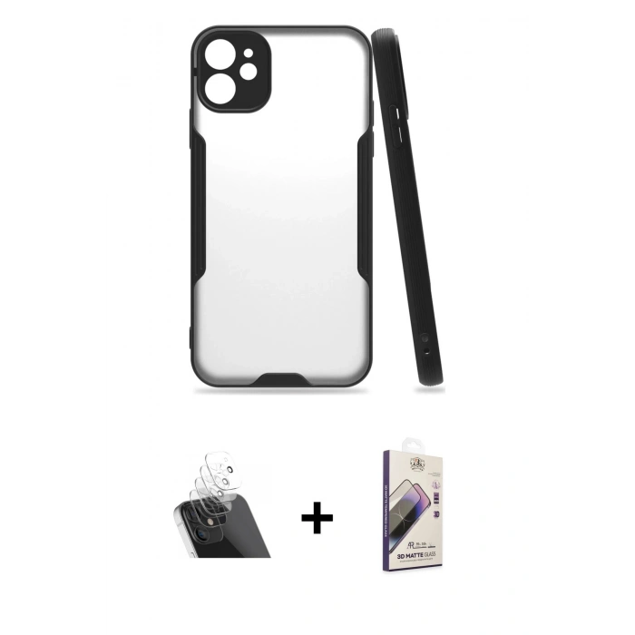 MARSİLYAN™- iPhone 11 Kılıf Atlas Asil Serisi - Siyah Bilvis 3D Mat Cam Ekran Koruyucu + Kamera Lens Koruma Cam - SF