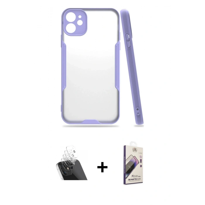 MARSİLYAN™- iPhone 11 Kılıf Atlas Asil Serisi - Siyah Bilvis 3D Mat Cam Ekran Koruyucu + Kamera Lens Koruma Cam - SF