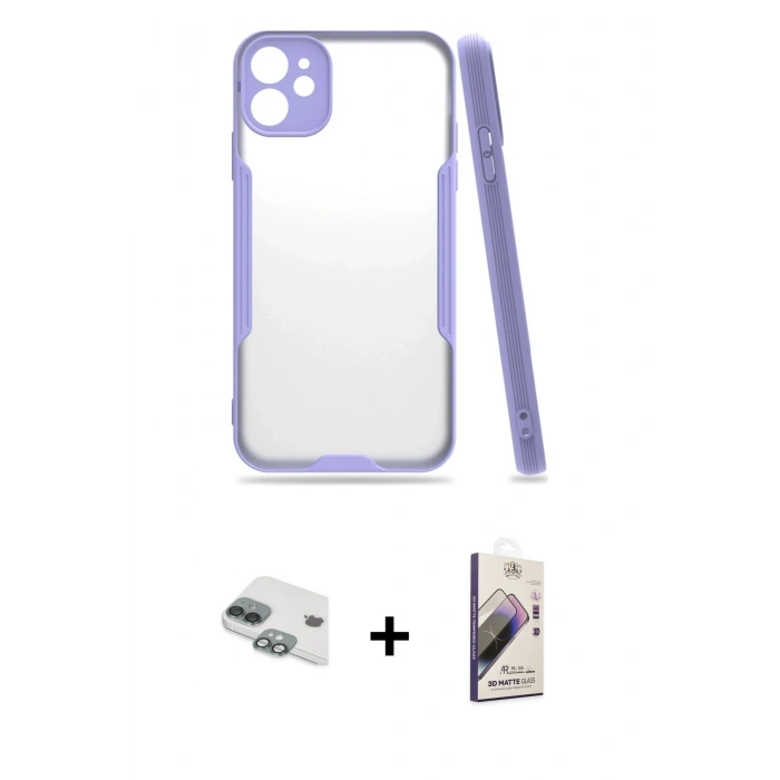 MARSİLYAN™- iPhone 11 Kılıf Atlas Asil Serisi - Siyah Bilvis 3D Mat Cam Ekran Koruyucu + Pers Alüminyum Kamera Lens - YL