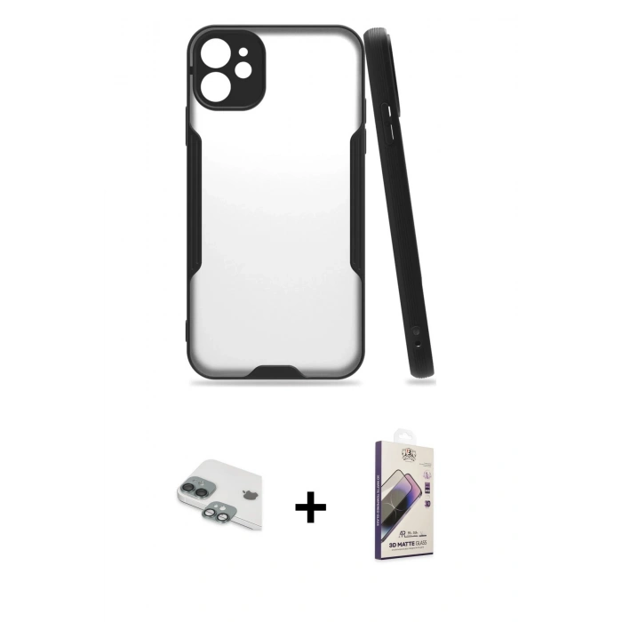 MARSİLYAN™- iPhone 11 Kılıf Atlas Asil Serisi - Siyah Bilvis 3D Mat Cam Ekran Koruyucu + Pers Alüminyum Kamera Lens - YL