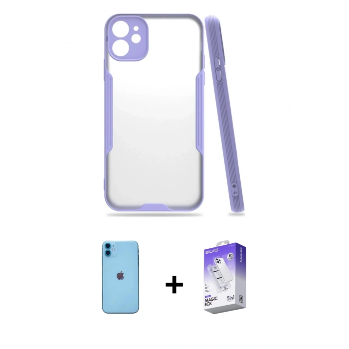 MARSİLYAN™- iPhone 11 Kılıf Atlas Asil Serisi - Siyah Bilvis 5in1 3D Magic Cam Ekran Koruyucu + Neon Fosforlu Kamera Lens - MI