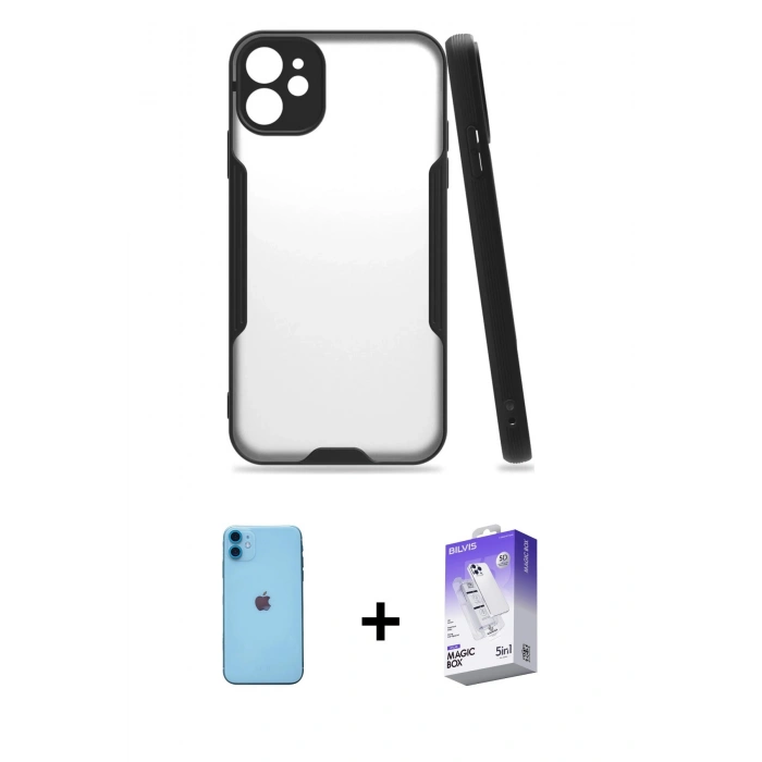 MARSİLYAN™- iPhone 11 Kılıf Atlas Asil Serisi - Siyah Bilvis 5in1 3D Magic Cam Ekran Koruyucu + Neon Fosforlu Kamera Lens - MI