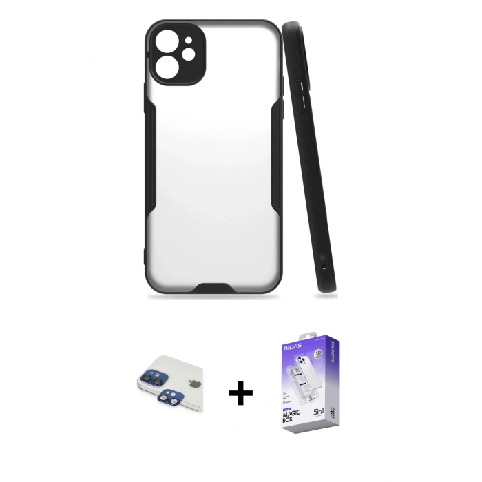 MARSİLYAN™- iPhone 11 Kılıf Atlas Asil Serisi - Siyah Bilvis 5in1 3D Magic Cam Ekran Koruyucu + Pers Alüminyum Kamera Lens - LT