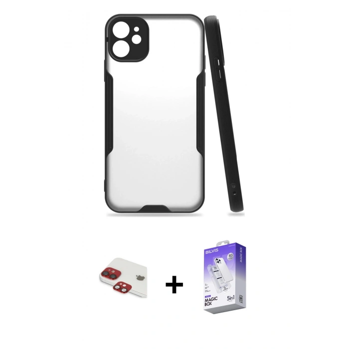 MARSİLYAN™- iPhone 11 Kılıf Atlas Asil Serisi - Siyah Bilvis 5in1 3D Magic Cam Ekran Koruyucu + Pers Alüminyum Kamera Lens - KI