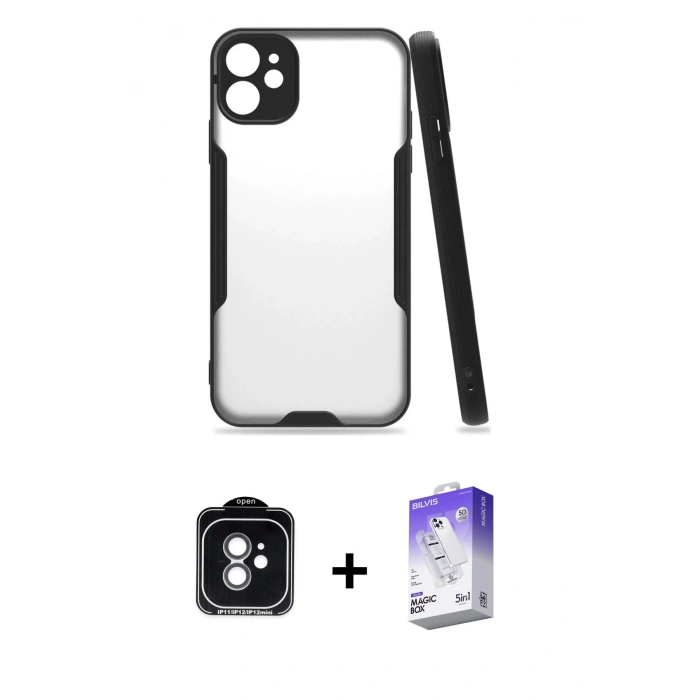 MARSİLYAN™- iPhone 11 Kılıf Atlas Asil Serisi - Siyah Bilvis 5in1 3D Magic Cam Ekran Koruyucu + PVD Metal Kamera Lens - YL