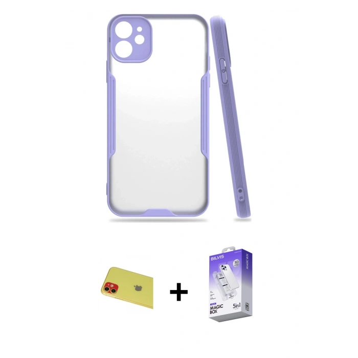 MARSİLYAN™- iPhone 11 Kılıf Atlas Asil Serisi - Siyah Bilvis 5in1 3D Magic Cam Ekran Koruyucu + Rainbow Kamera Lens Koruma Cam - KI