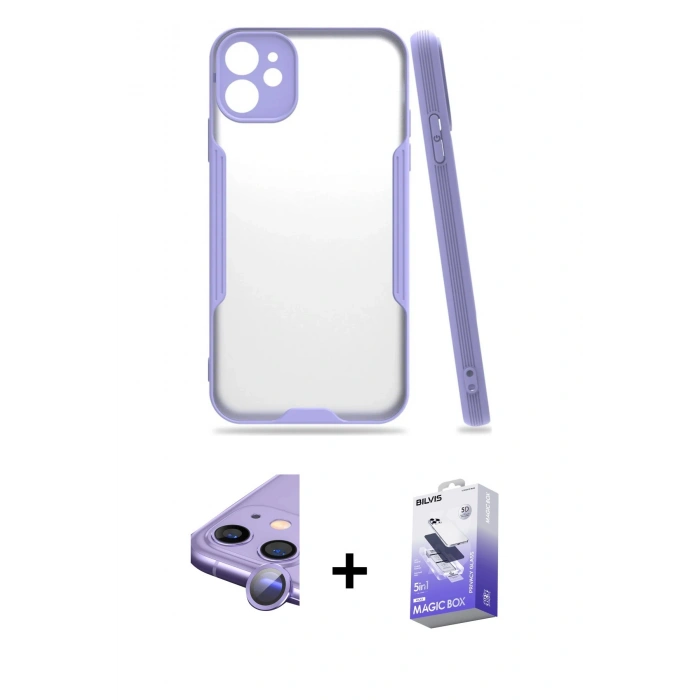 MARSİLYAN™- iPhone 11 Kılıf Atlas Asil Serisi - Siyah Bilvis 5in1 5D Magic Hayalet Cam Ekran Koruyucu + Raze Metal Kamera Lens - MR
