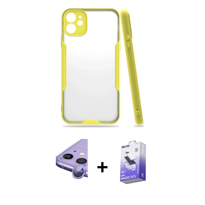 MARSİLYAN™- iPhone 11 Kılıf Atlas Asil Serisi - Siyah Bilvis 5in1 5D Magic Hayalet Cam Ekran Koruyucu + Raze Metal Kamera Lens - MR