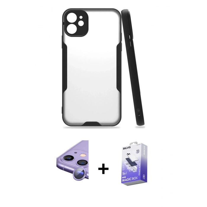 MARSİLYAN™- iPhone 11 Kılıf Atlas Asil Serisi - Siyah Bilvis 5in1 5D Magic Hayalet Cam Ekran Koruyucu + Raze Metal Kamera Lens - MR