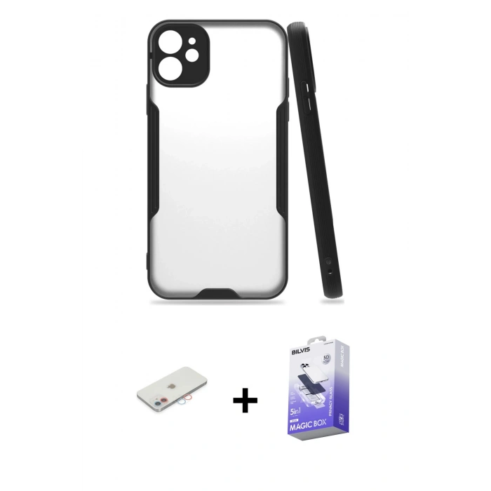 MARSİLYAN™- iPhone 11 Kılıf Atlas Asil Serisi - Siyah Bilvis 5in1 5D Magic Hayalet Cam Ekran Koruyucu + Renkli Kamera Lens Koruma Cam - PE