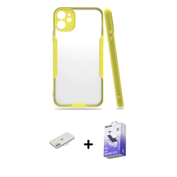 MARSİLYAN™- iPhone 11 Kılıf Atlas Asil Serisi - Siyah Bilvis 5in1 5D Magic Hayalet Cam Ekran Koruyucu + Renkli Kamera Lens Koruma Cam - PE