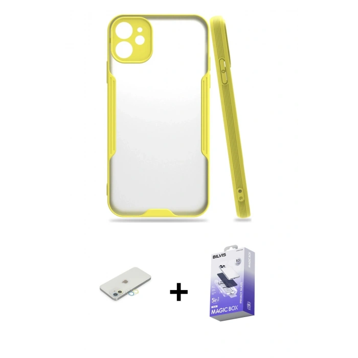 MARSİLYAN™- iPhone 11 Kılıf Atlas Asil Serisi - Siyah Bilvis 5in1 5D Magic Hayalet Cam Ekran Koruyucu + Renkli Kamera Lens Koruma Cam - SI