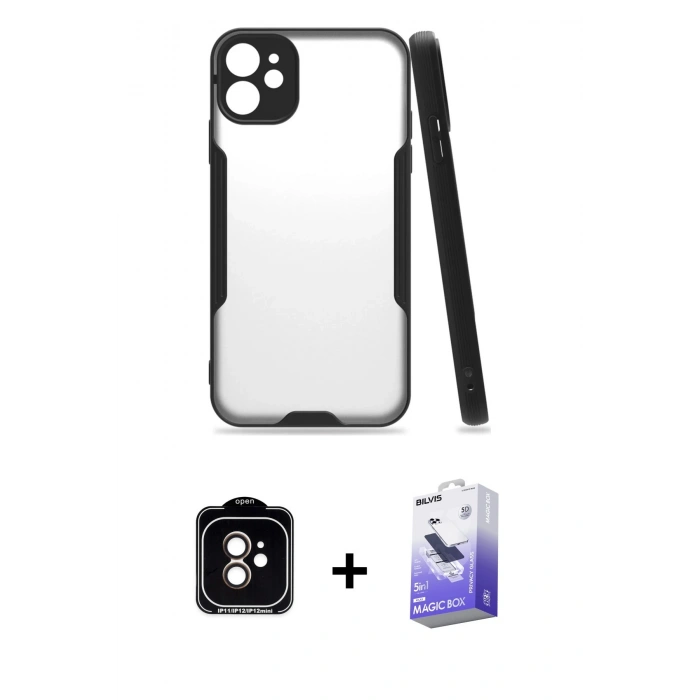 MARSİLYAN™- iPhone 11 Kılıf Atlas Asil Serisi - Siyah Bilvis 5in1 5D Magic Hayalet Cam Ekran Koruyucu + PVD Metal Kamera Lens - TU