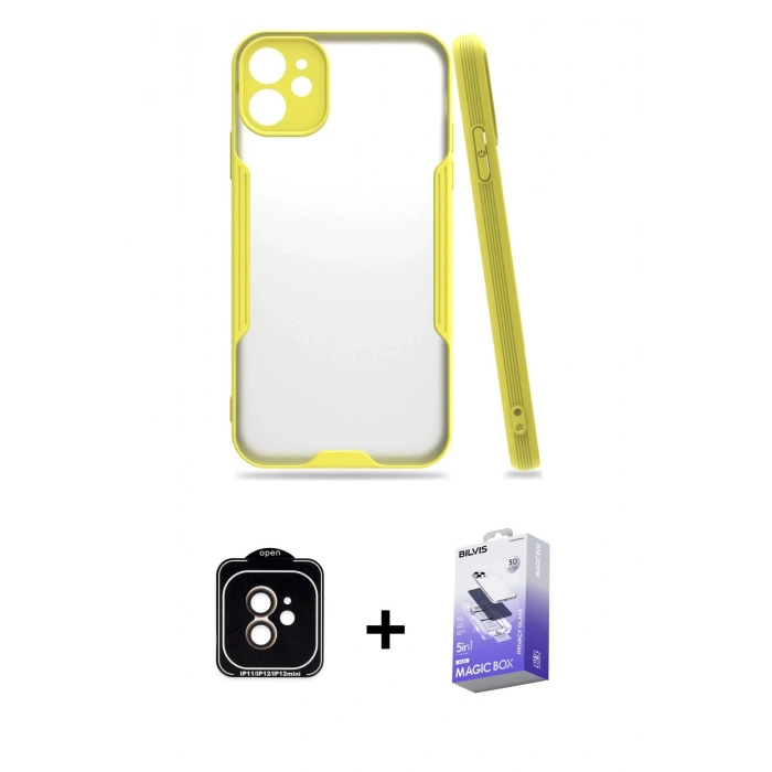 MARSİLYAN™- iPhone 11 Kılıf Atlas Asil Serisi - Siyah Bilvis 5in1 5D Magic Hayalet Cam Ekran Koruyucu + PVD Metal Kamera Lens - TU