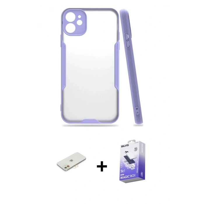 MARSİLYAN™- iPhone 11 Kılıf Atlas Asil Serisi - Siyah Bilvis 5in1 5D Magic Hayalet Cam Ekran Koruyucu + Renkli Kamera Lens Koruma Cam - TU