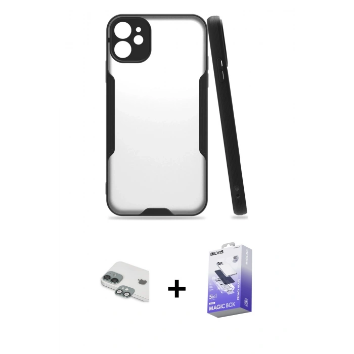 MARSİLYAN™- iPhone 11 Kılıf Atlas Asil Serisi - Siyah Bilvis 5in1 5D Magic Hayalet Cam Ekran Koruyucu + Pers Alüminyum Kamera Lens - YL